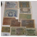 11 wartime German Mark Reichsbanknotes from 1908 to 1923