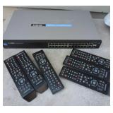 group of electronics - switch, 6 remotes, usb drives, webcam, laptop drives