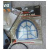 warehouse items, tape/label roll holder, safety goggles, ratchet, bearings, dust mask, zip extending key ring, soldering iron heads