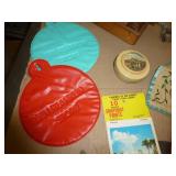 Group of vintage items including wood bird toothpick holder, cast iron bells, mini wood shaver