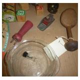 Group of vintage items including wood bird toothpick holder, cast iron bells, mini wood shaver