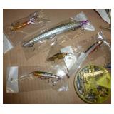 Lot of fishing lures and spinning reel (missing handle)