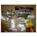 Lot of fishing lures and spinning reel (missing handle)