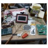 Misc lot - trinket boxes, xmas town lights, mirror, magnifier, scissor,