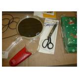 Misc lot - trinket boxes, xmas town lights, mirror, magnifier, scissor,