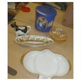 Vintage collectibles - cracker dish, shell bowl, FireKing milk glass, Charles and Diana wedding tin, cow creamer