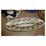 Vintage collectibles - cracker dish, shell bowl, FireKing milk glass, Charles and Diana wedding tin, cow creamer