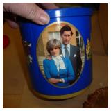 Vintage collectibles - cracker dish, shell bowl, FireKing milk glass, Charles and Diana wedding tin, cow creamer