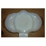 Vintage collectibles - cracker dish, shell bowl, FireKing milk glass, Charles and Diana wedding tin, cow creamer