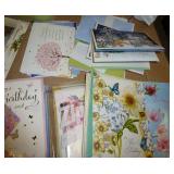 Approx 100 greeting cards and new food container for cereal or pasta