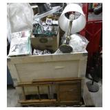 Crate full of items left behind - includes tv mount, lamps, toaster, hose reel, figurines, sheets, scale