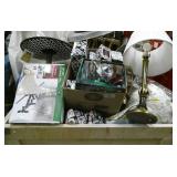 Crate full of items left behind - includes tv mount, lamps, toaster, hose reel, figurines, sheets, scale