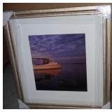 3 framed/glass boat pictures and 3 tall grass pictures