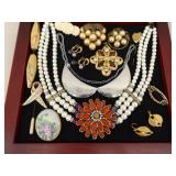 Lot of Vintage Costume Jewelry in 2 Display Cases