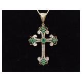 .925 Sterling Silver Gothic Emerald Crystal Vermeil Pendant Necklace