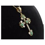 .925 Sterling Silver Gothic Emerald Crystal Vermeil Pendant Necklace