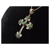 .925 Sterling Silver Gothic Emerald Crystal Vermeil Pendant Necklace