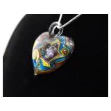 .925 Sterling Silver Dichroic Foil Glass Heart Pendant Necklace