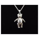 .925 Sterling Silver Articulated Bear Charm Pendant Necklace