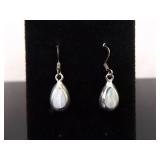 .925 Sterling Silver Inlayed Opal Dangle Hook Earrings