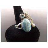 .925 Sterling Silver Larimar Pearl Topaz Seahorse Ring Size 8
