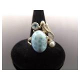 .925 Sterling Silver Larimar Pearl Topaz Seahorse Ring Size 8