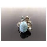 .925 Sterling Silver Larimar Pearl Topaz Seahorse Ring Size 8