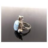 .925 Sterling Silver Larimar Pearl Topaz Seahorse Ring Size 8