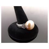 .925 Sterling Silver Large Authentic Pearl Crystal Ring Size 9