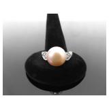 .925 Sterling Silver Large Authentic Pearl Crystal Ring Size 9