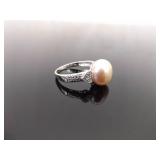 .925 Sterling Silver Large Authentic Pearl Crystal Ring Size 9