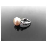 .925 Sterling Silver Large Authentic Pearl Crystal Ring Size 9