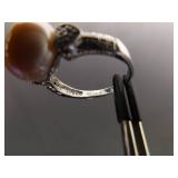 .925 Sterling Silver Large Authentic Pearl Crystal Ring Size 9