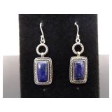 .925 Sterling Silver Lapis Lazuli Cabochon Dangle Hook Earrings