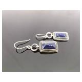 .925 Sterling Silver Lapis Lazuli Cabochon Dangle Hook Earrings