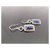 .925 Sterling Silver Lapis Lazuli Cabochon Dangle Hook Earrings