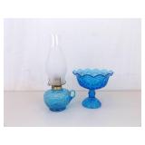 Vintage L.E. Smith Moon and Stars Blue Footed Compote and Oil Lamp