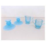 Vintage Light Blue Fenton Glass Hobnail Candle Set, and L.G. Wright Cream Sugar Set