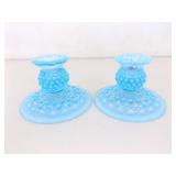Vintage Light Blue Fenton Glass Hobnail Candle Set, and L.G. Wright Cream Sugar Set
