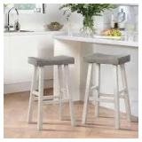 Lazzara Oxton 30 in. White and Coffee Wood Pub Height Stool with Wood Seat (Set of 2)  Customer Returns See Pictures