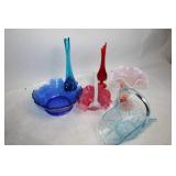 Collection of 6 Assorted Colored Glass Vases and Baskets