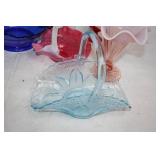 Collection of 6 Assorted Colored Glass Vases and Baskets