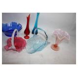 Collection of 6 Assorted Colored Glass Vases and Baskets
