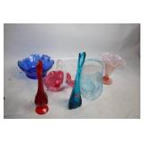 Collection of 6 Assorted Colored Glass Vases and Baskets