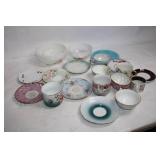 Collection of Vintage Porcelain Cups and Saucers with Floral and Ornate Designs