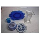 Set of 5 Vintage Blue and Clear Glassware Pieces