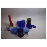 Assorted Glassware Set with Blue and Orange Vases