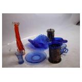 Assorted Glassware Set with Blue and Orange Vases