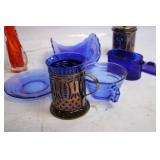 Assorted Glassware Set with Blue and Orange Vases