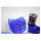 Assorted Glassware Set with Blue and Orange Vases